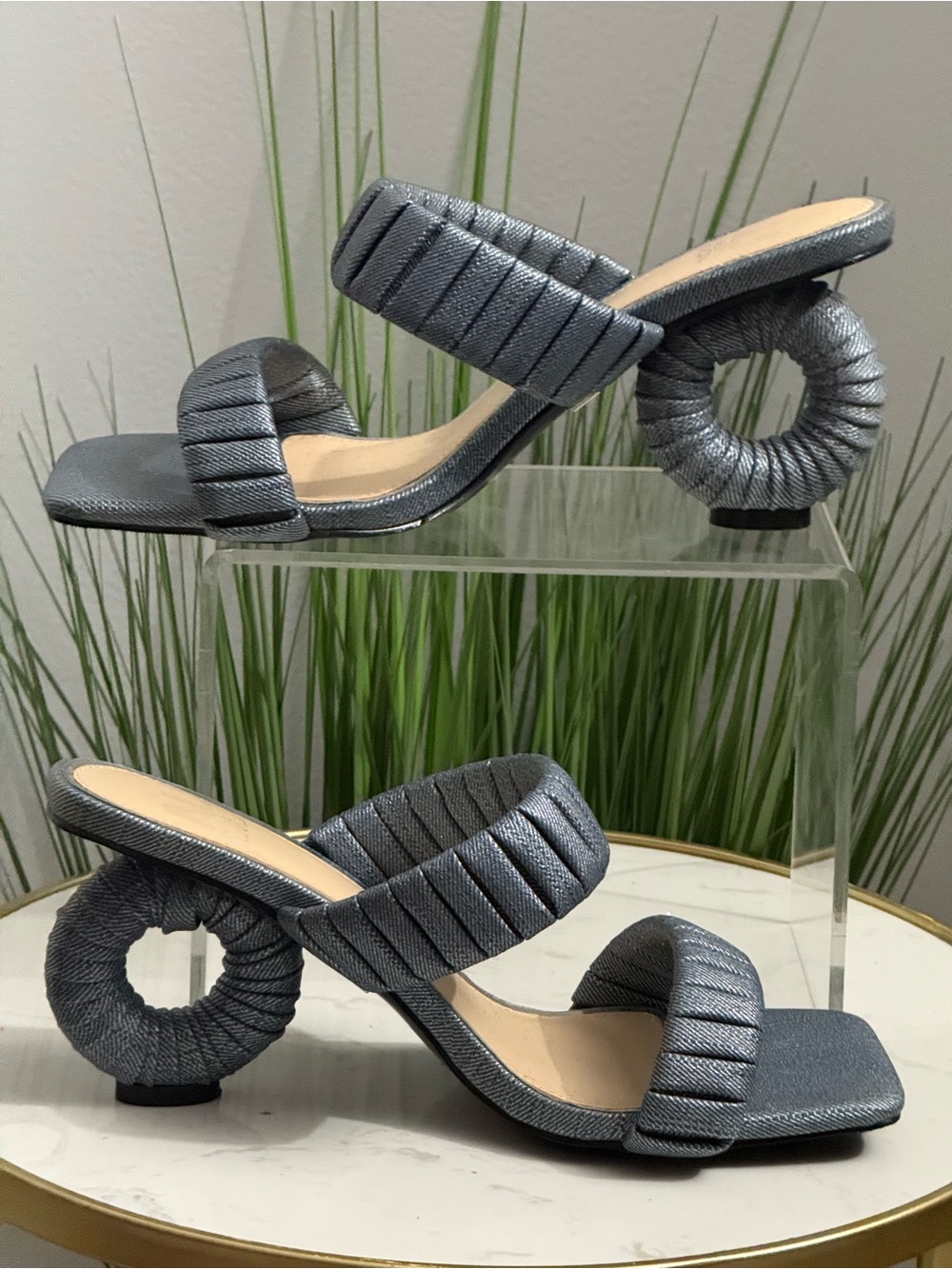 NIB Ninety Union Denim Sculptural Heel Slide Sandals
